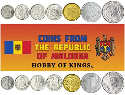 7 מטבעות ממולדובה | אוסף סט מטבעות מולדובן 1 5 10 25 50 בני 1 2 ליי | הופץ 1997-2022 | שור | נשר | ענבים | שמש